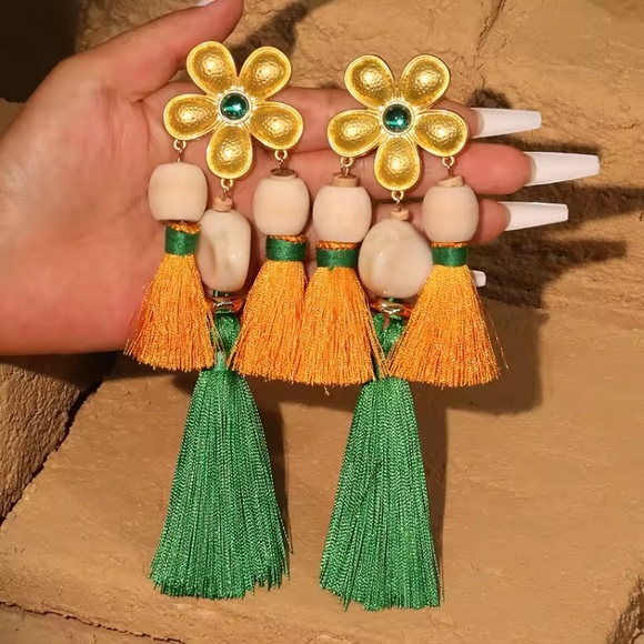 Large Orange and Green Floral Statement Tassel Earrings Long Chunky Big Summer - Picture 4 of 6